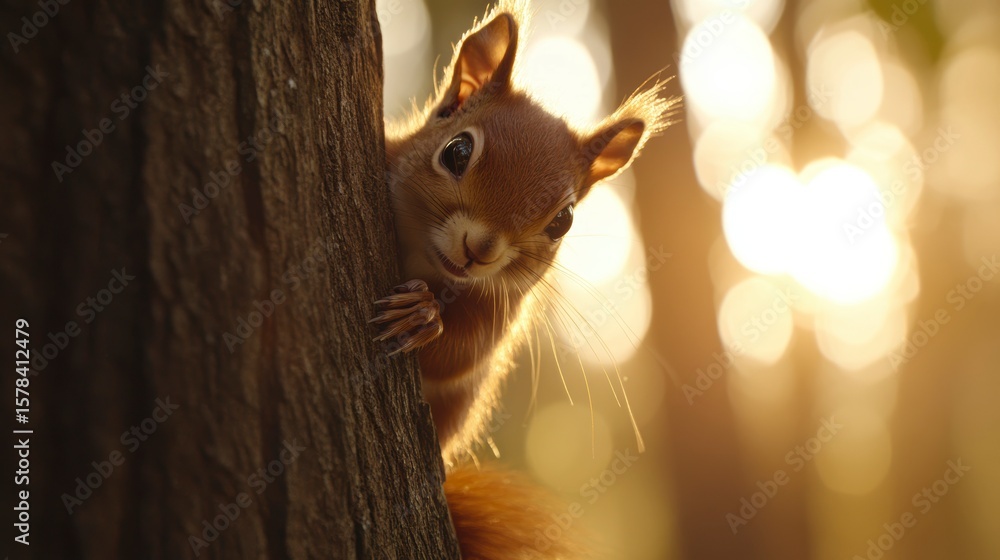 Poster curious red squirrel peeking from behind a tree trunk in warm sunset light.