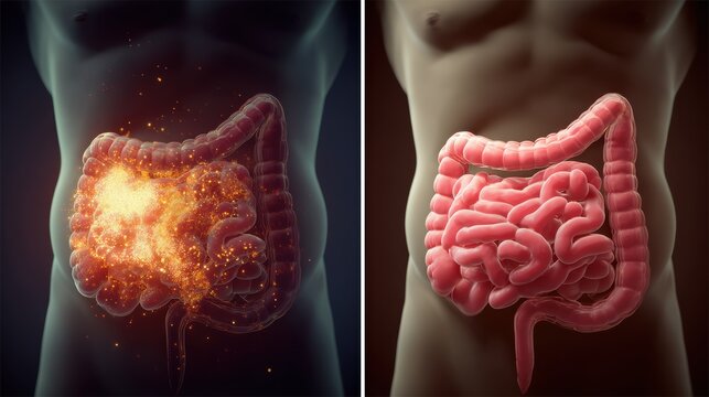 Illustration of human digestive system showing healthy and unhealthy states for educational purposes.