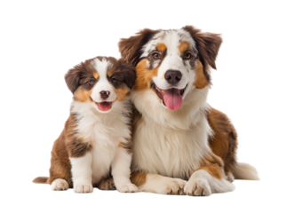 A cute, happy adult Australian Shepherd and her puppy sitting next to each other isolated on a transparent background