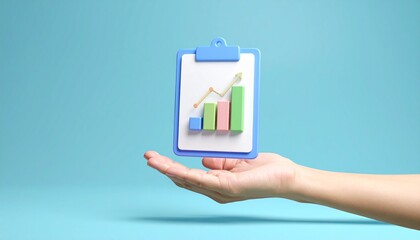 3D clipboard + graph combination icon floating above a hand