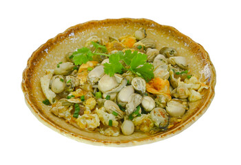 fresh Oyster omelette with bean sprout  Asian food style on transparent.