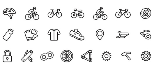 Fototapeta premium Bicycle Line Icons Pack – Unique Cycling Outline Symbols of Bikes, Riders, Helmets, Accessories & Bike Parts for Sports, Outdoor Activity, UI & Graphic Design Projects