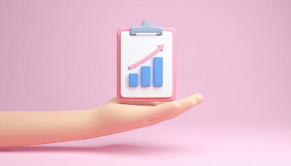 Naklejka premium 3D clipboard + graph combination icon floating above a hand