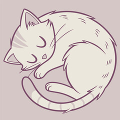 Fototapeta premium Illustration of a curled up sleeping cat with stripes on its head and tail on a light purple background