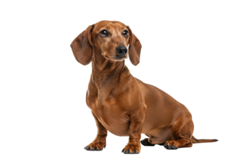 Adult brown smooth-haired dachshund dog with dark expressive eyes and floppy ears, sitting attentively, head tilted, and hind leg extended on a transparent studio background with diffused lighting.
