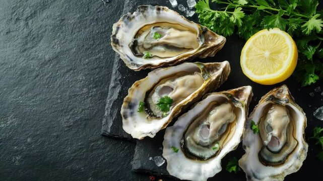 Fresh oysters with a squeeze of lemon and a sprig of herb.