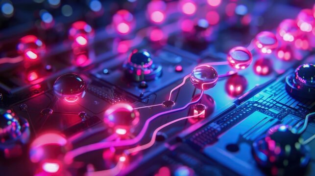 quantum computer hacking encrypted data with glowing qubits neon pink and blue on qubits .