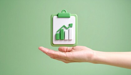 3D clipboard + graph combination icon floating above a hand