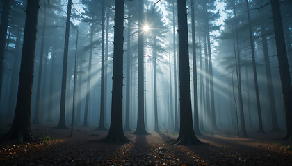 Misty Morning Forest with Sunlight and Soft Fog