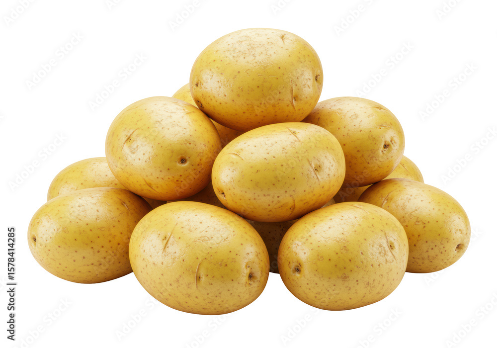Poster prominent heap of fresh, unpeeled yellow potatoes with organic shapes and soil traces, isolated on a