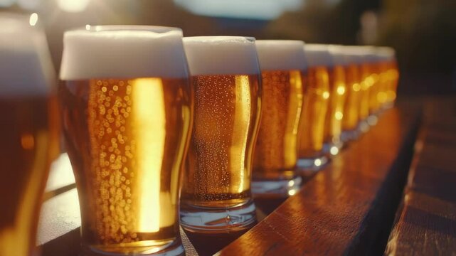 A row of beer glasses are lined up on a wooden table. The glasses are filled with beer and have foam on top