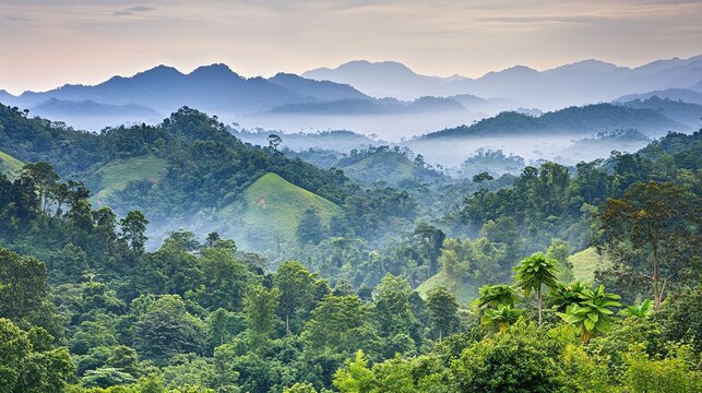 Misty Mountain And Green Forest Scenery