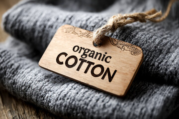 Eco-friendly organic cotton fabric with a wooden tag