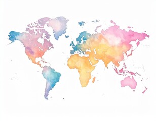 Watercolor world map on textured paper, artistic and soft tones