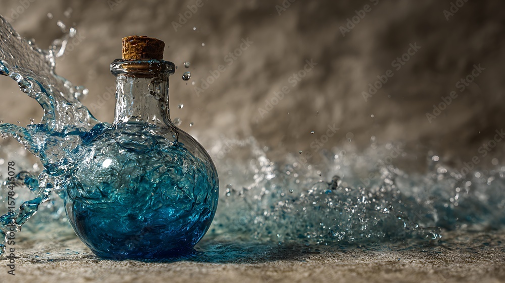 Poster potion bottle with flowing blue liquid creating splash effect