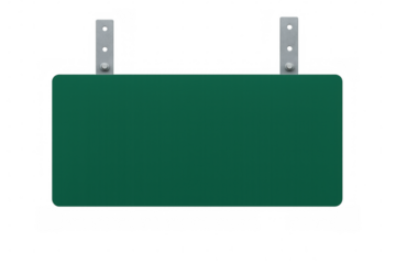 Empty green road sign suspended by metal brackets, perfect for customization on a transparent background