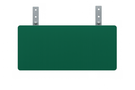 Empty green road sign suspended by metal brackets, perfect for customization on a transparent background