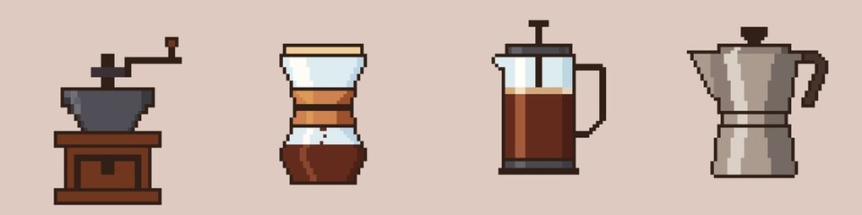 Coffee brewing equipment pixel art icon set items for video game, app, social media and more, vector illustration
