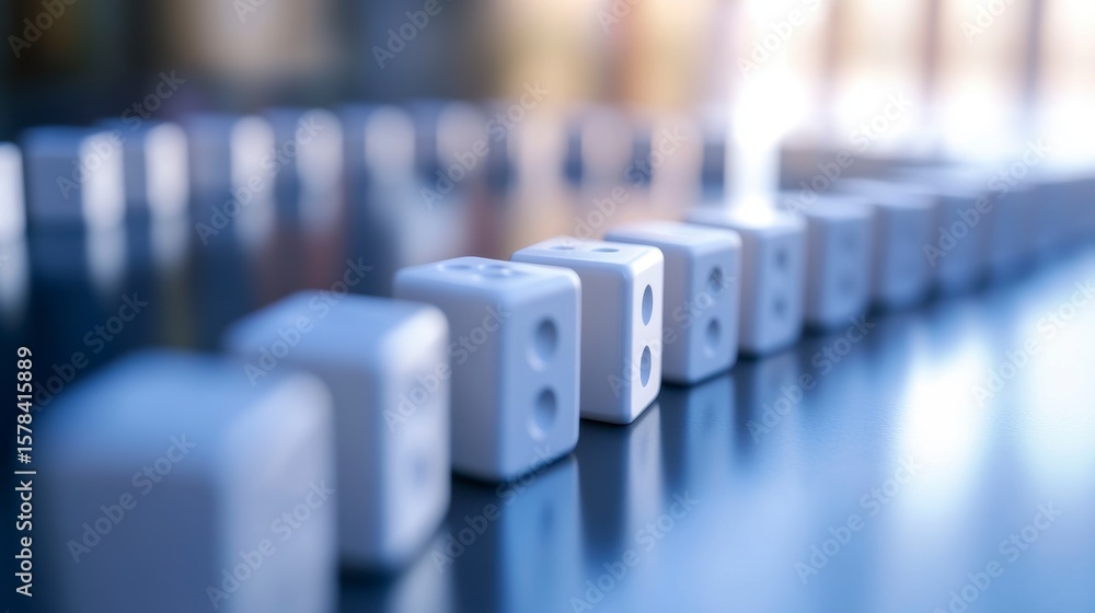 Poster row of white cubes with numbers on a reflective surface.