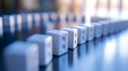 Row of white cubes with numbers on a reflective surface.