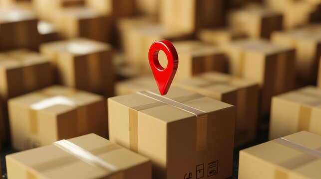 Red location pin on cardboard box among many others, representing delivery tracking or logistics.
