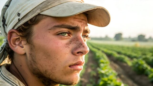 Young Farmer's Contemplative Gaze: A Portrait of Rural Life and Hard Work