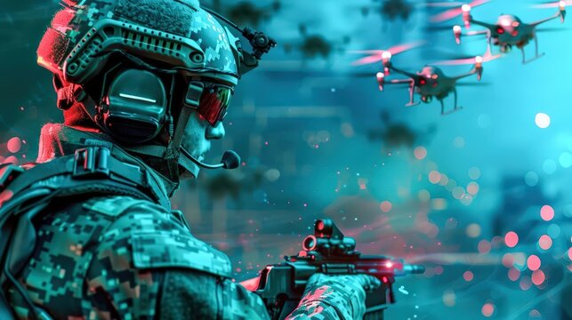 neon soldier wearing cybernetic armor hacking a drone swarm on soldier .