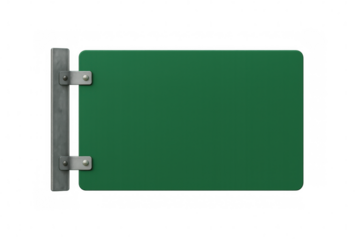 Empty green road sign with metal pole and rounded corners, isolated on transparent background, perfect for customization