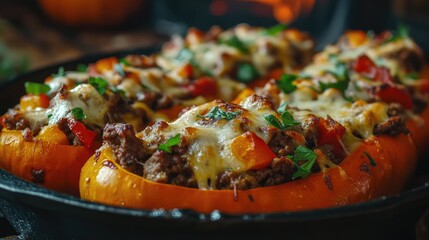 Baked Butternut Squash Pumpkin Stuffed with ground beef, vegetables and cheese in iron cast pan