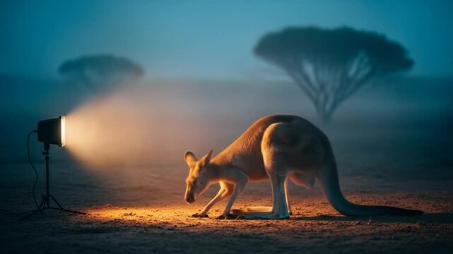 Kangaroo Investigates Light in Misty Outback