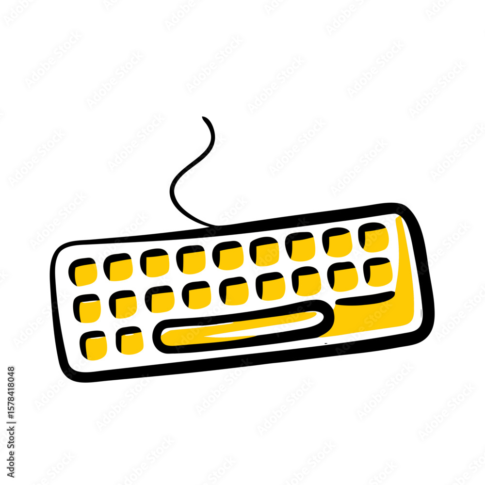 Poster doodle style keyboard icon with yellow keys and cable for typing, writing, computers, technology, co