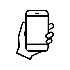 An outline icon of a hand holding a smartphone, suitable for websites or blogs about mobile technology, communication, apps, or digital interaction.