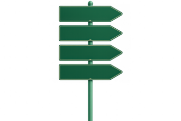 Green directional arrow signs mounted on pole, blank surfaces ready for customized navigation messaging against transparent background