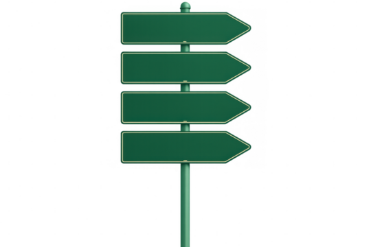 Green directional arrow signs mounted on pole, blank surfaces ready for customized navigation messaging against transparent background