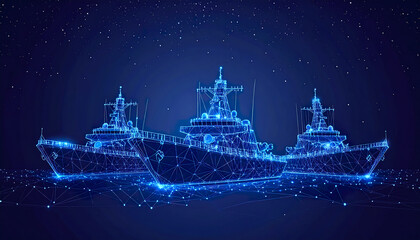 Digital visualization of three navy ships in blue wireframe style with starry night sky