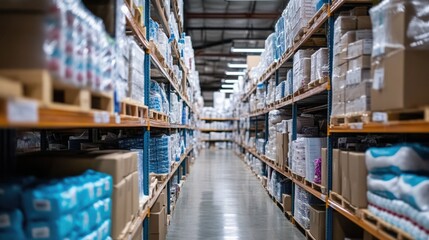 Warehouse stocked with bulk medical supplies, including masks and gloves.