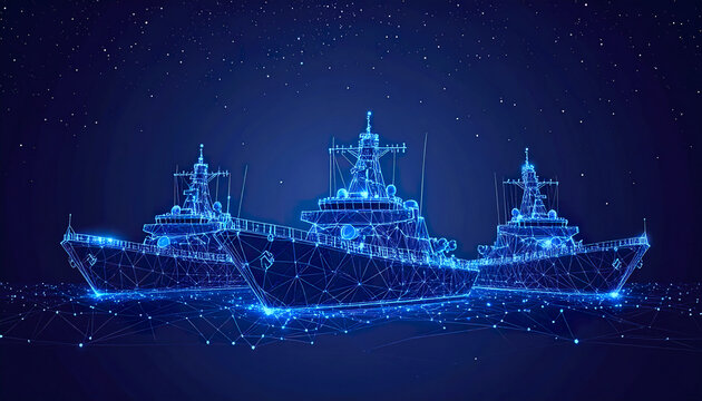 Fototapeta Digital visualization of three navy ships in blue wireframe style with starry night sky