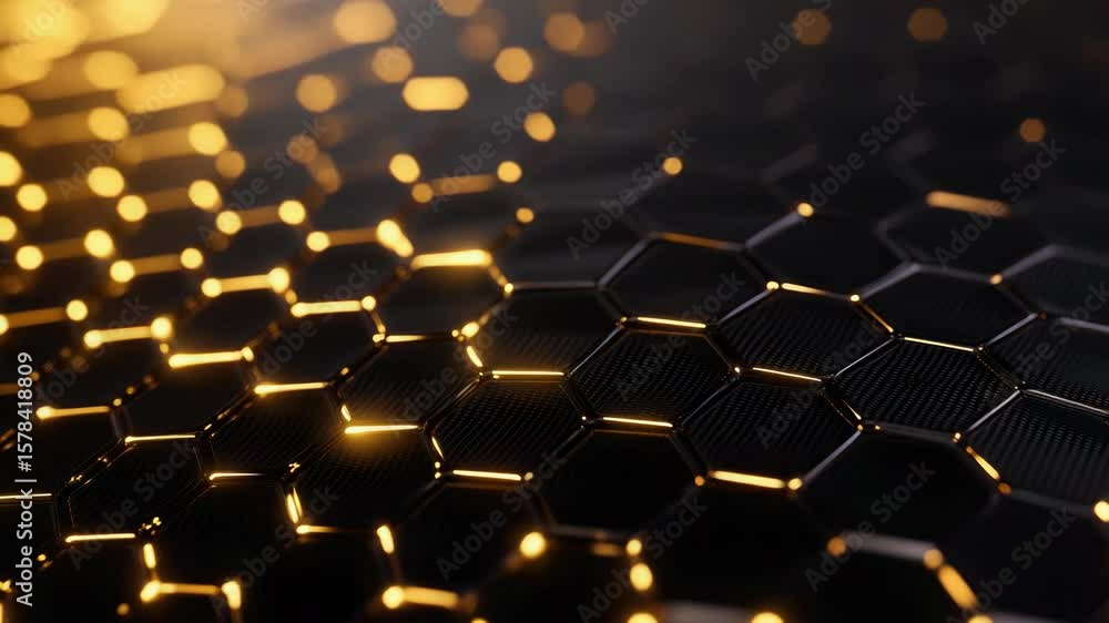 Poster closeup of bitcoin mining hardware with golden circuitry.
