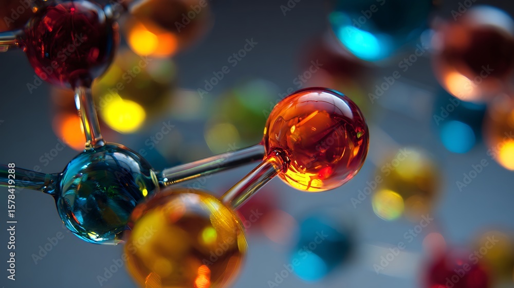 Poster viewing molecule structure model with colorful spheres and connecting rods