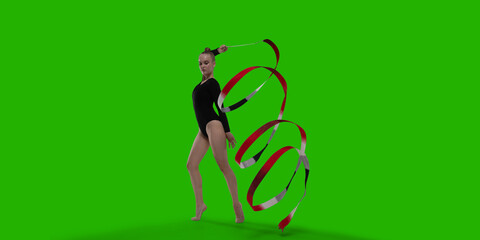 Rhythmic gymnastic woman on green screen background.