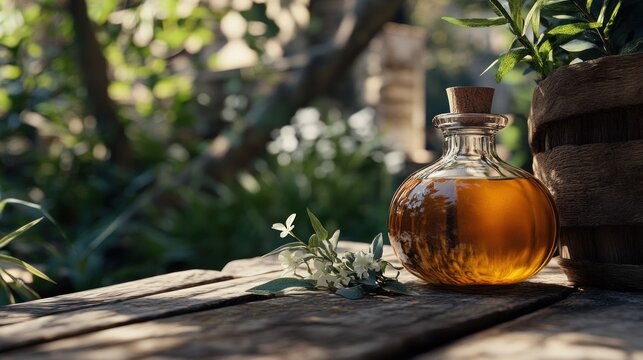 Golden elixir in a glass bottle outdoors, still life on a wooden table