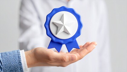 3D mission complete badge icon floating above a hand