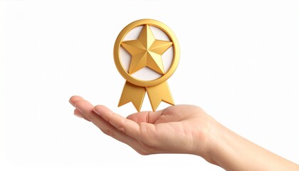 3D mission complete badge icon floating above a hand