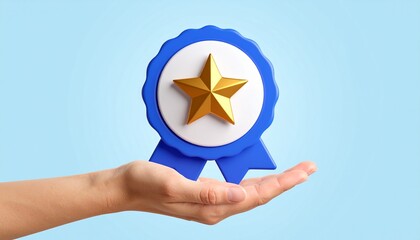 3D mission complete badge icon floating above a hand