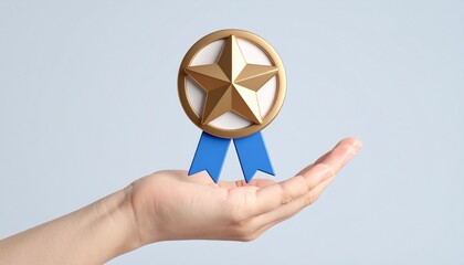3D mission complete badge icon floating above a hand