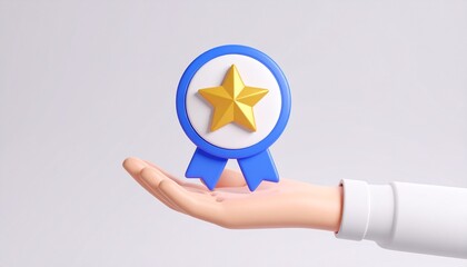 3D mission complete badge icon floating above a hand