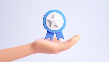 3D mission complete badge icon floating above a hand
