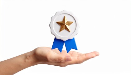 3D mission complete badge icon floating above a hand