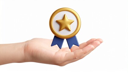 3D mission complete badge icon floating above a hand