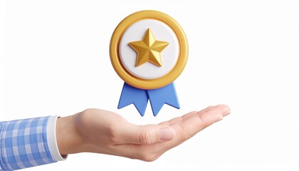 3D mission complete badge icon floating above a hand